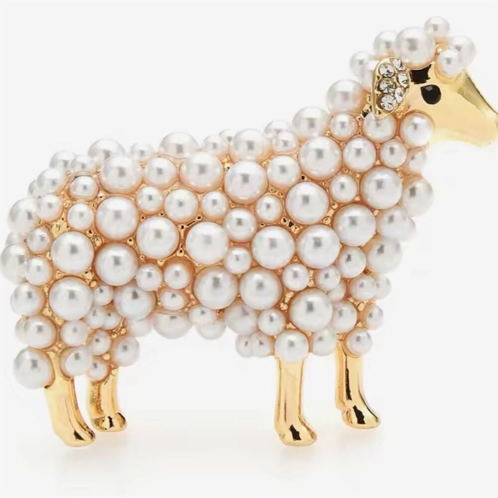 Elegant Faux Pearl Sheep Brooch Pin Gold Tone with‎ Rhinestone Details
